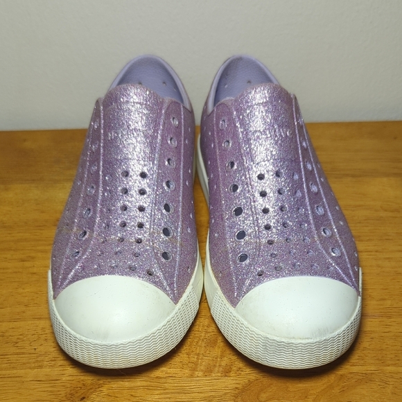 Native Jefferson Bling Glitter Slip-on Sneakers Purple + White Girls Size 1 - Picture 2 of 8